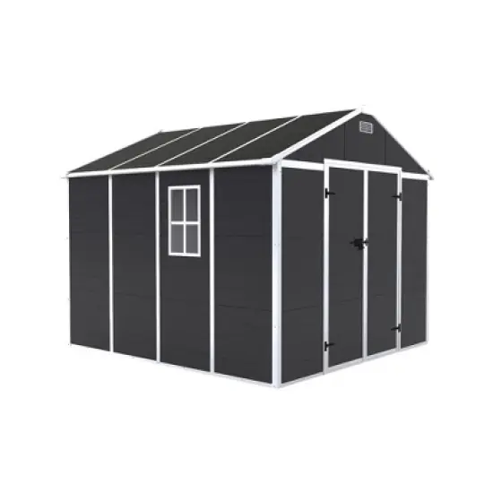 8*8ft resin storage shed, high quality pp material, strong structure, waterproof, rust and UV proof, large storage space,12mm thick pp board,Dark gray image {15}