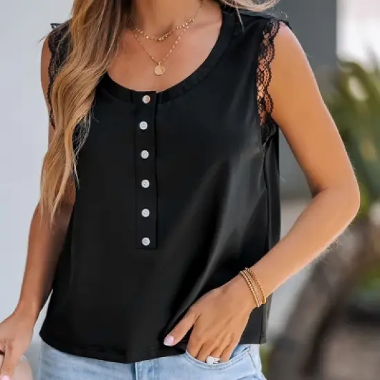 Women's Scalloped Lace Buttoned Top - Cupshe image {2}