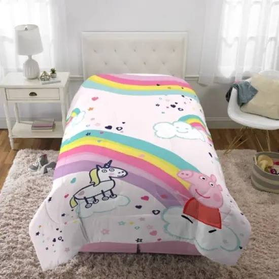 Twin Peppa Pig Rainbow Dreamer Reversible Kids' Bedding Bundle: Comforter Set with Pillow Case & Sheets, Multicolor image {6}