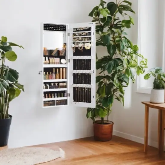 Jewelry Cabinet Organizer, Wall/Door Mount Armoire with Full-Length Lighted Mirror, Built-in Makeup Mirror, 2 Drawers image {2}