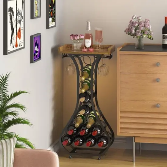 Itopfox Freestanding Wine Rack with Wood Tabletop & Glass Holder, Mini Bar Table for 14 Bottles, Space-Saving Floor Stand for Kitchen, Living Room image {5}