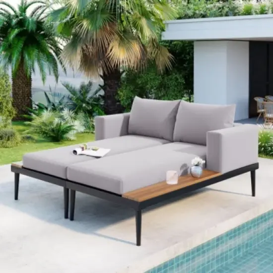 Outdoor Daybed Patio Metal Daybed with Wood Topped Side Spaces for Drinks, 2 in 1 Padded Chaise Lounges for Poolside, Balcony image {4}