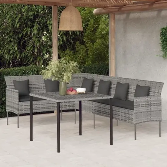 vidaXL Poly Rattan Patio Dining Set - Gray with Cushions - Includes L-Shaped Sofa and Square Table for Garden, Deck or Patio image {1}
