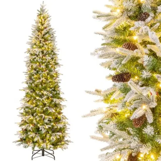 Costway 6/7.5/9 FT Flocked Christmas Tree with 671/913/1310 PE PVC Branch Tips 280/350/470 Warm White LED Lights image {12}