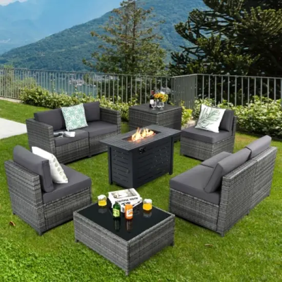 Tangkula 9 PCS Rattan Dinning Set Wicker Sofa w/Propane Gas Fire Pit 60,000 Btu Heater image {2}