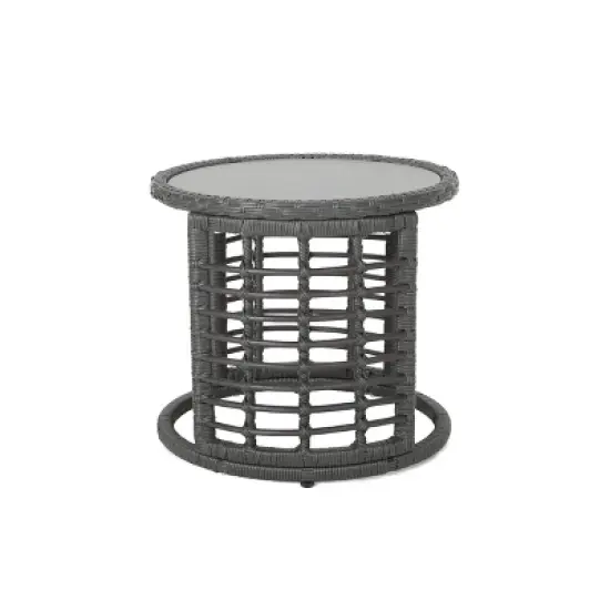 GDFStudio Achill Circular Outdoor Wicker and Tempered Glass Side Table image {3}