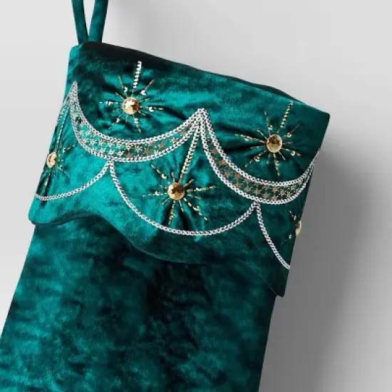 21" Christmas Art Deco Embellished Soft Velvet Stocking Green - Wondershop&trade; image {2}