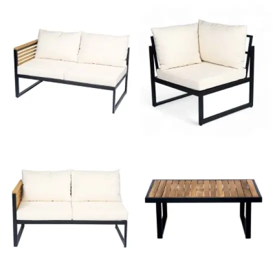4 PCS Outdoor Sofa Set, Industrial Style Sofa Set with Table, Acacia Wood Sofa with Metal Frame and Polyester Cushion-Coolbibila image {5}