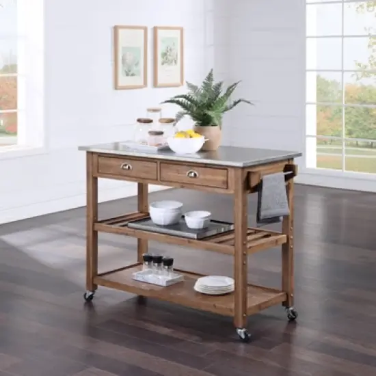 Sonoma Kitchen Cart with Stainless Steel Top Wire Brush Barnwood Brown - Boraam image {4}