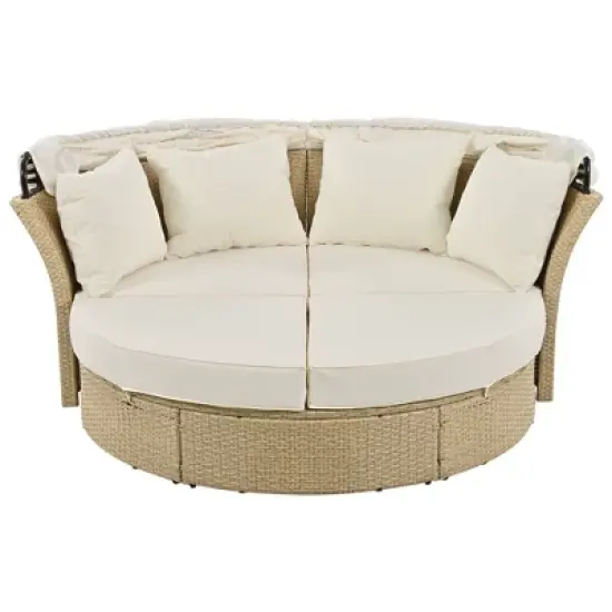 57" Outdoor Patio PE Rattan Round Daybed Sunbed with Retractable Canopy and 4 Pillows image {13}