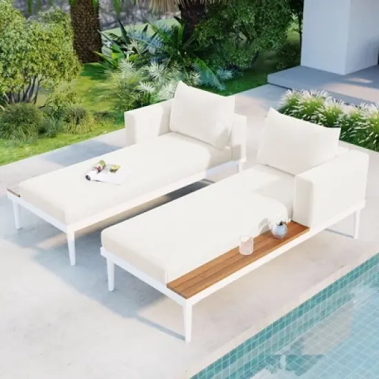 Gulches Modern Outdoor Daybed Patio Metal Daybed with Wood Topped Side Spaces for Drinks, 2 in 1 Padded Chaise Lounges for Poolside, Balcony, White image {1}
