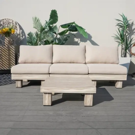 Moda Furnishings 3-person Outdoor Patio Aluminum Wood Grain Seating Group With Beige Cushions image {2}