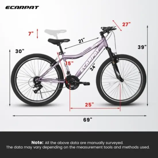 INFURNIC Bicycles 26 Inch Mountain Bike with 21 Speeds and Dual Disc Brakes for Women and Teens, Purple, 69"*27"*39" image {3}