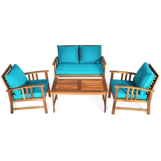 Tangkula 8pcs Wooden Patio Furniture Set Table & Sectional Sofa w/ Turquoise Cushion image {7}