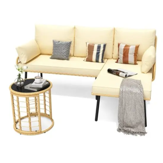 3-Piece L-Shaped Patio Furniture Set, All-Weather Outdoor Sectional Sofa with Cushions and Glass Coffee Table, Perfect for Decks, Gardens, Balconies image {7}