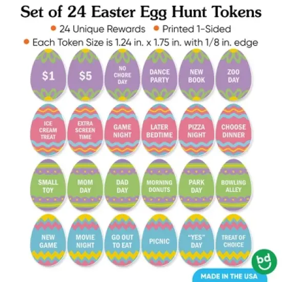 Big Dot of Happiness Hippity Hoppity Easter Egg Hunt Token Stuffers, 24 Count Egg Shape Filler Tokens with Rewards for Kids, Reusable Easter Activity, image {3}