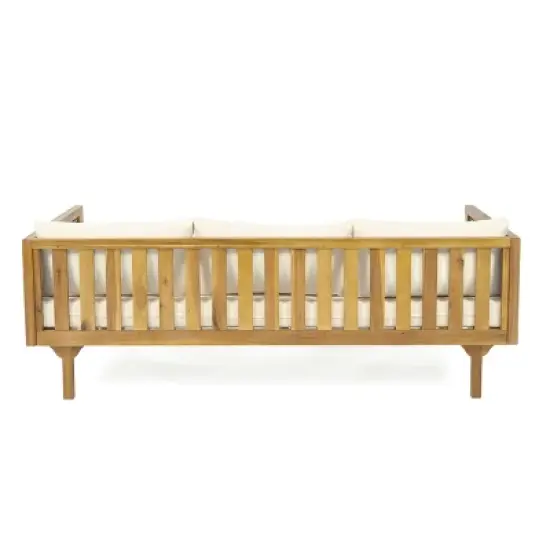 Outdoor 3 Seater Fabric Upholstered Sofa Bed,Acacia Wood Slat Panel Backrest Daybed,Rattan Armrests Patio Chaise Lounges-Coolbibila image {5}