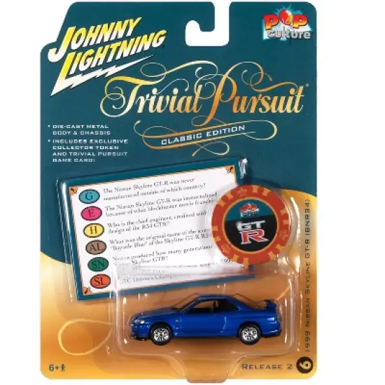 1999 Nissan Skyline GT-R RHD Blue Met. w/Poker Chip Collector's Token and Game Card 1/64 Diecast Model Car by Johnny Lightning image {2}