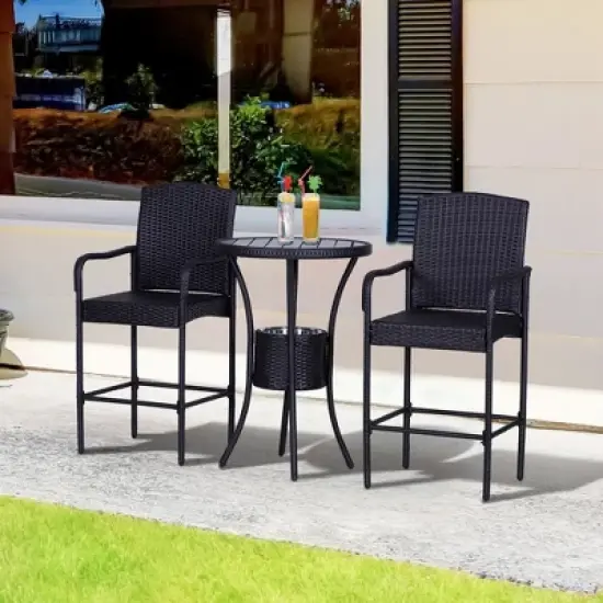 Outsunny Rattan Wicker Bar Set for 3 PCS with Ice Buckets, Patio Furniture with 1 Bar Table and 2 Bar Stools for Poolside, Backyard, Porches image {1}
