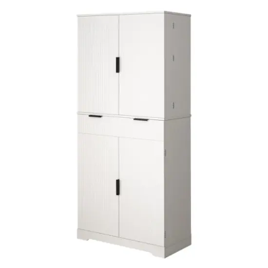 Gulches Farmhouse 72" Fluted Freestanding Kitchen Pantry Cabinet - 3 Keyboard Drawers, 6 Door Shelves, Adjustable, White Storage Cupboard image {10}