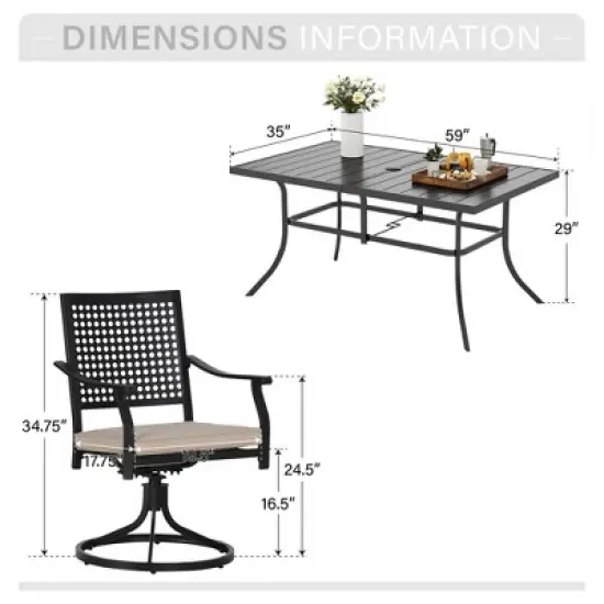 Captiva Designs 7pc Outdoor Patio Dining Slat-top Rectangle Steel Table & Swivel Metal Chairs with Cushions image {10}