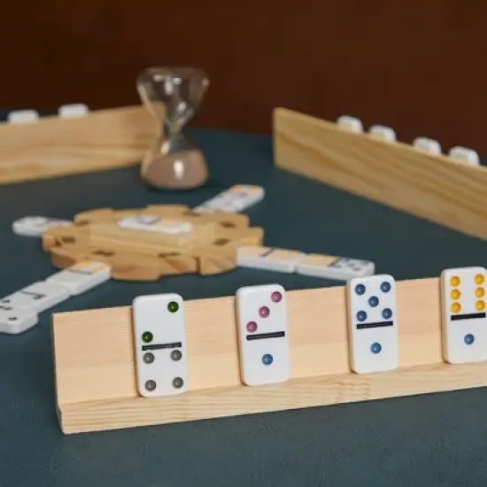 Juvale 4-Pack of Wooden Domino Racks for Mexican Train, Mahjong, Chicken Foot, Game Night, Parties, Slanted Domino Holders for Visibility, 13x2x1 In image {1}