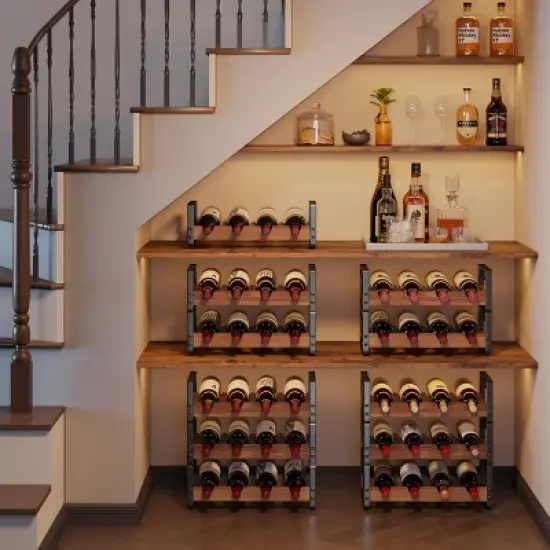 Itopfox 3-Tier Stackable Wine Rack for Cabinet, Solid Wood & Wrought Iron Wine Bottle Holder, Kitchen Bar Dining Room Storage Shelf image {7}