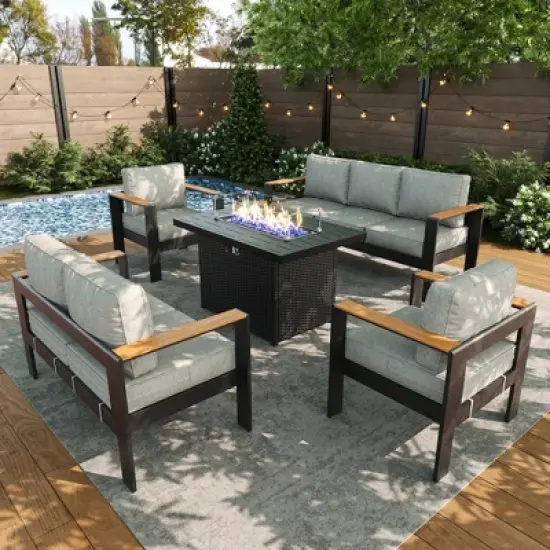 LayinSun 5 Pieces Aluminum Outdoor Patio Furniture Set with Fire Pit Table, Outside Metal Patio Conversation Sets with Deep Seating and Thick Cushions image {9}