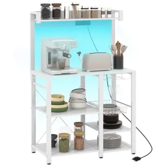 HOMCOM Kitchen Bakers Rack with Power Outlet and LED Lights, Microwave Stand, Coffee Bar with Metal Basket, Multiple Shelves and Glass Holders image {8}