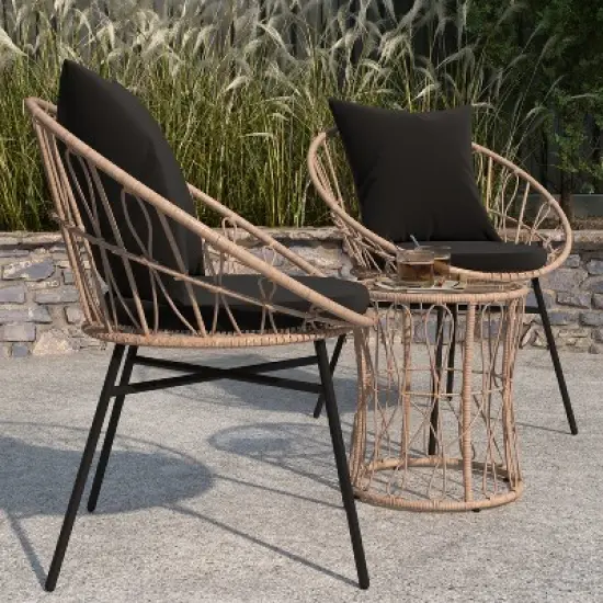 Merrick Lane 3 Piece Patio Set with Rope Rattan Chairs, Matching Glass Top Side Table and Cushions for Indoor/Outdoor Use image {6}