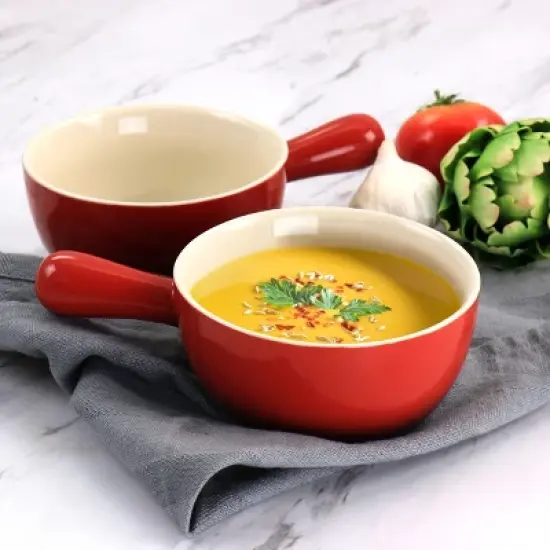 Crock Pot 2 Piece Stoneware 22oz Soup Bowl Set with Long Handle in Gradient Red image {6}