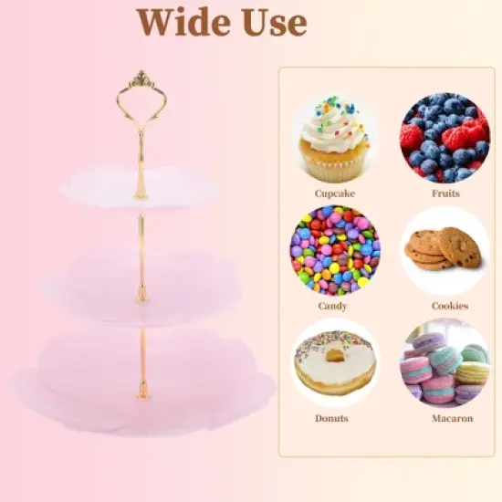Unique Bargains 3 Tier Dessert Cupcake Stand Flower Shape Cup Cake Holder Tower Pink Gold Tone image {4}