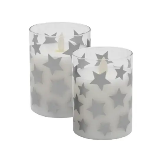 2ct Battery Operated Glass LED Candles with Moving Flame Silver Stars: Flameless Pillar, Winter Decor, Lumabase image {1}