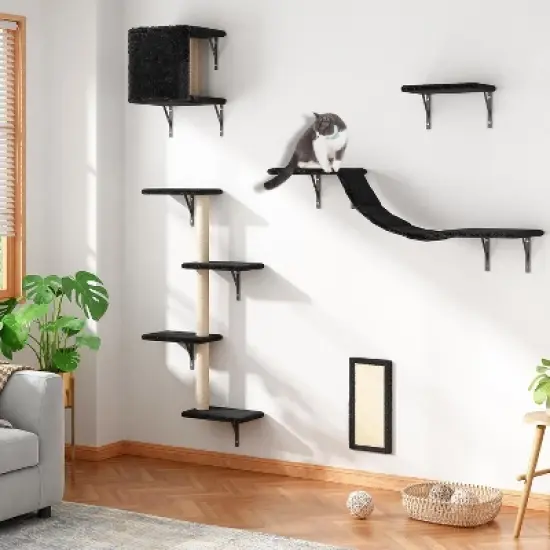 Sandinrayli Cat Wall Shelves - Wall-Mounted Set of 5, Floating Perches & Hanging Beds, Modern Furniture for Large Cats/Kitties (Black) image {7}