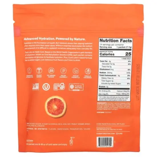 Cure Hydration Electrolyte Drink Mix, Blood Orange, 14 Packets, 0.27 oz (7.7 g) Each image {1}