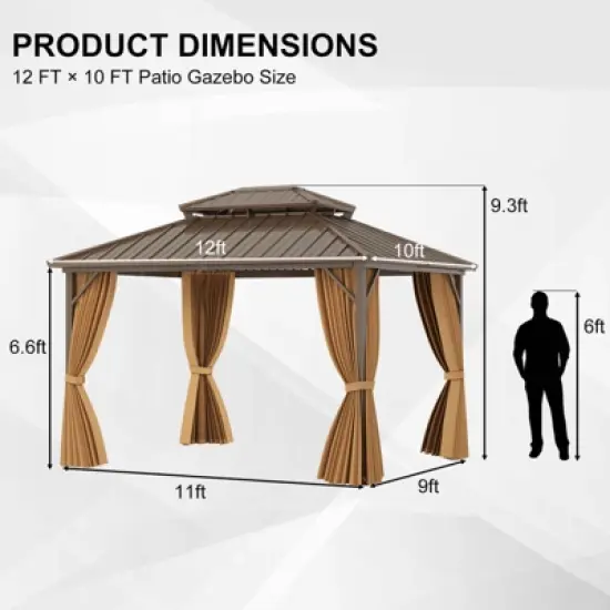 Costway 12 X 10/12 X 12 FT Hardtop Gazebo with  Netting Heavy-Duty Double-Roof Galvanized Metal Top image {2}
