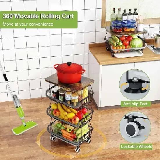 4 Tier Fruit Storage Basket,Kitchen Storage Rack with Rollers for Pantry image {5}