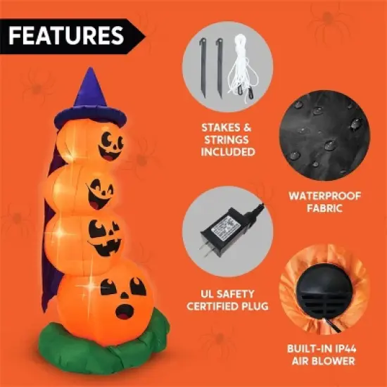 Joyfy 6 FT Halloween Inflatables Outdoor Decorations, Stacked Pumpkins with Witch Hat Inflatable with LEDs for Halloween Party Yard Garden Lawn Decor image {6}