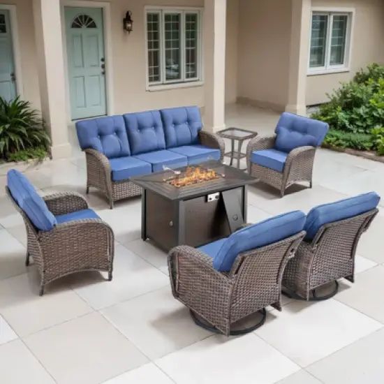 Belord Brown Wicker 7 Piece Patio Furniture Set with 5" Thick Cushions, Outdoor Fire Pit Table Set with Swivel Gliding Rocker Chairs and Club Chairs image {17}