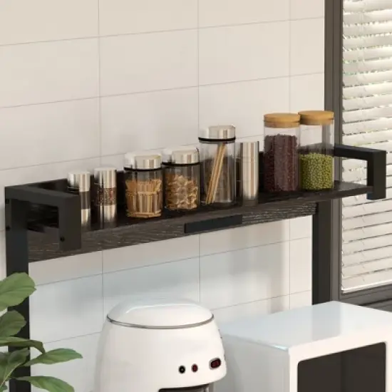 HOMCOM Kitchen Bakers Rack with Power Outlet and LED Lights, Microwave Stand, Coffee Bar with Metal Basket, Multiple Shelves and Glass Holders image {4}