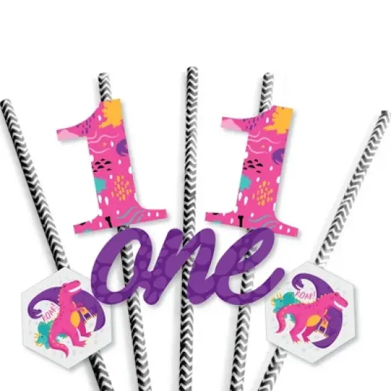 Big Dot of Happiness 1st Birthday Roar Dinosaur Girl - Paper Straw Decor - ONEasaurus Dino First Birthday Party Striped Decorative Straws - Set of 24 image {4}