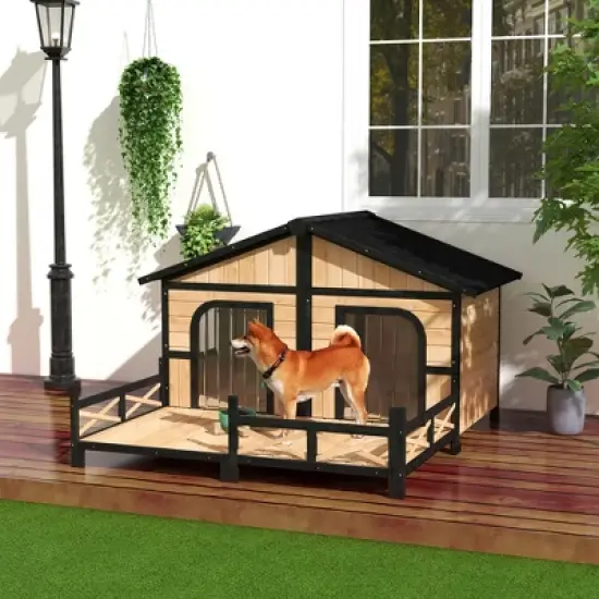 PawHut 59"x64"x39" Wood Large Dog House Cabin Style Elevated Pet Shelter w/Porch Deck image {1}