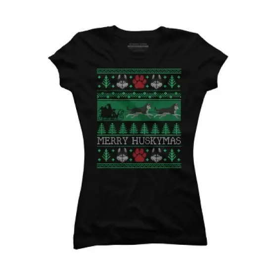 Junior's Design By Humans Christmas Siberian Husky Dog Funny Husky Ugly Christmas Sweater By pahari T-Shirt image {3}