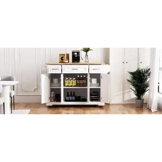 XINGHANZHENXUAN White Kitchen Island with Drop Leaf, Rolling Cart on Wheels, Rubber Wood Top & Embossed Texture for Farmhouse Kitchens image {7}