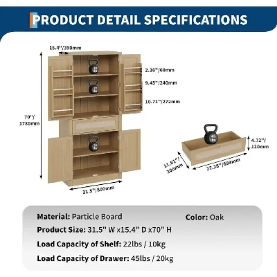 72-Inch Tall Rattan Kitchen Pantry Cabinet with Drawer, Adjustable Shelves, Farmhouse Style Cupboard Storage, For Kitchen, Dining Room, Bathroom image {1}