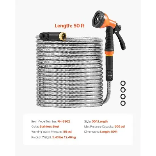 VEVOR Metal Garden Hose 50 ft, Rust Proof Stainless Steel Water Hose, Heavy Duty Backyard Hose with 10 Function Nozzle, Silver image {7}