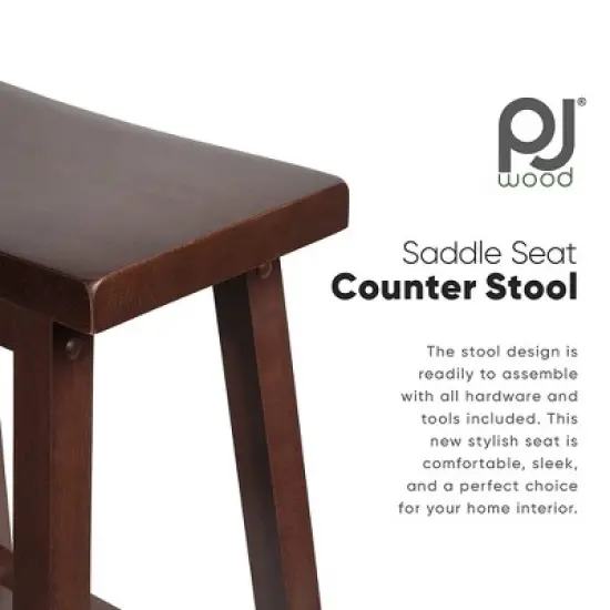 PJ Wood Classic Modern Solid Wood 24 Inch Tall Backless Saddle-Seat Easy Assemble Counter Stool for All Occasions, Walnut (1 Piece) image {1}