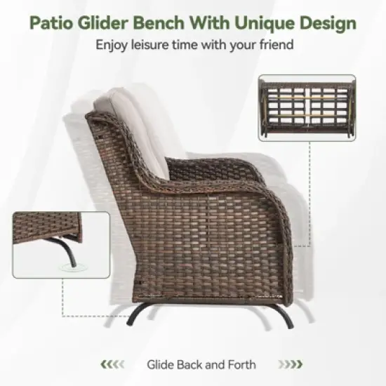 Buenhomino Patio Loveseat Rattan Glider Sofa with Curved Armrest Thicking Back & Seat Cushions for Garden Balcony Backyard image {6}