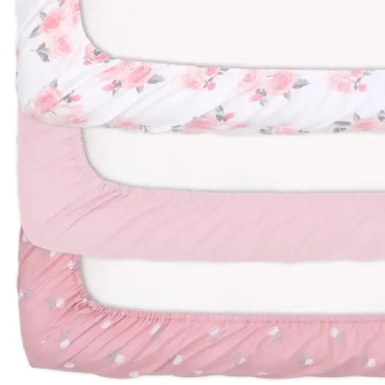The Peanutshell Mini Crib, Playard Sheets, 3 Pack, Pink Roses/Ditsy Floral | White, Pink, Grey image {3}