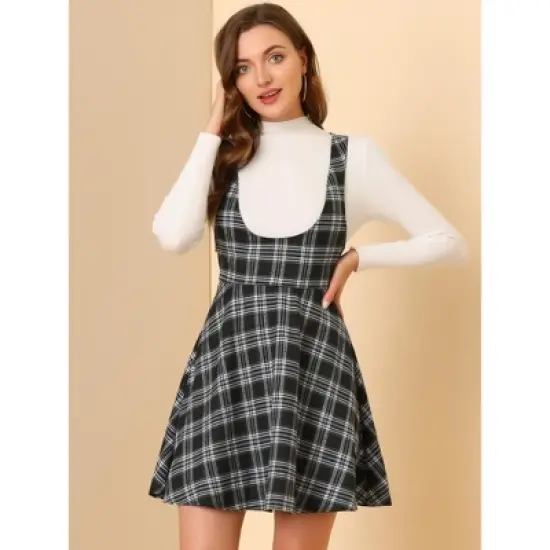Allegra K Women's Pinafore Overall Tartan Checks Braces A-line Suspender Skirt image {1}